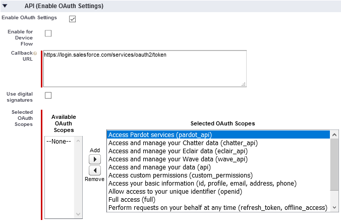 In the API (Enable OAuth Settings) section, the Available OAuth Scopes section is empty after all scopes have been added to the Selected OAuth Scopes section